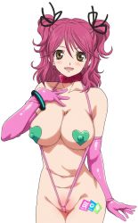 Rule 34 | 1girl, breasts, cheria barnes, collar, covered erect nipples, female focus, gloves, highres, large breasts, mizuryuland, nipples, open mouth, partially visible vulva, pasties, pink hair, plump, slingshot swimsuit, source request, swimsuit, tales of (series), tales of graces, text focus