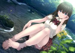 Rule 34 | 1girl, absurdres, barefoot, blue eyes, blush, bow, braid, breasts, brown hair, buttons, closed mouth, day, fingernails, flower, forest, hand up, highres, huge filesize, lips, long hair, looking at viewer, medium breasts, nature, original, outdoors, partially submerged, river, rock, scan, school uniform, shiny skin, short sleeves, simple background, sitting, skirt, solo, toes, tree, unasaka ryou, water, wet