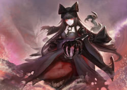 Rule 34 | 10s, 1girl, abyssal ship, bare shoulders, black bow, black hair, bow, breasts, choker, claws, female focus, glowing, glowing eyes, gothic lolita, hair bow, kantai collection, kirigaku luo, large breasts, lolita fashion, long hair, looking at viewer, pink background, red eyes, seaplane tender princess, serious, solo, very long hair