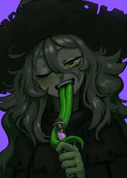 Rule 34 | 1girl, absurdres, black capelet, capelet, colored skin, colored tongue, commentary, commission, frog girl, green eyes, green tongue, grey hair, grey skin, hat, highres, horizontal pupils, licking, long tongue, monster girl, one eye closed, open mouth, original, potion, purple background, remy (seihai), simple background, smile, solo, tongue, tongue out, vile domple, witch, witch hat