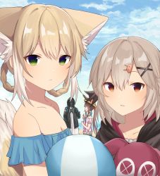 Rule 34 | 1other, 3girls, alternate costume, amiya (arknights), animal ear fluff, animal ears, arknights, ball, bare shoulders, beach, beachball, bikini, black jacket, blonde hair, blue bikini, blue sky, braid, braided hair rings, breasts, brown eyes, brown hair, cleavage, closed mouth, cloud, cloudy sky, collarbone, day, doctor (arknights), fox ears, fox girl, fox tail, hair ornament, hair rings, hairclip, highres, hiruver, hood, hood down, hood up, hooded jacket, jacket, looking at viewer, multicolored hair, multiple girls, off-shoulder bikini, off-shoulder shirt, off shoulder, official alternate costume, outdoors, parted lips, popukar (arknights), puffy short sleeves, puffy sleeves, shirt, short sleeves, sky, striped clothes, striped shirt, suzuran (arknights), swimsuit, tail, twin braids, two-tone hair, vertical-striped clothes, vertical-striped shirt, white hair, white shirt, x hair ornament