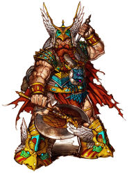 Rule 34 | 1boy, arm hair, armor, armored boots, axe, belt, boots, braid, braided beard, breastplate, cape, closed mouth, dual wielding, dwarf, facial hair, full body, gold, helmet, holding, holding axe, limha lekan, looking at viewer, male focus, muscular, muscular male, official art, orange cape, orange hair, solo, soulless, standing, vrockhley, white background, winged helmet