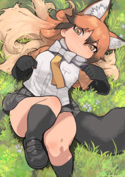 Rule 34 | 1girl, absurdres, animal ear fluff, animal ears, black footwear, black gloves, black hair, black skirt, black socks, blush, bow, bowtie, commentary, commission, elbow gloves, extra ears, fox ears, fox girl, fox tail, from above, gloves, grass, highres, kemono friends, loafers, long hair, looking at viewer, lying, multicolored hair, necktie, on back, orange eyes, orange hair, orange necktie, orange shirt, pleated skirt, red fox (kemono friends), rinx, shirt, shoes, skeb commission, skirt, socks, solo, tail, two-tone shirt, white bow, white bowtie, white shirt