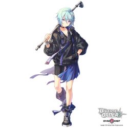 Rule 34 | 1girl, black choker, black footwear, black jacket, black shorts, blue hair, blue skirt, breasts, choker, cleavage, company name, copyright name, diverse order, full body, h2so4, hair between eyes, hand in pocket, highres, holding, holding weapon, jacket, lead pipe, official art, over shoulder, purple eyes, short hair, shorts, skirt, solo, standing, watermark, weapon, white background, zipper