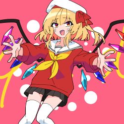 Rule 34 | 1girl, absurdres, alternate costume, black skirt, blonde hair, feet out of frame, flandre scarlet, highres, long sleeves, looking at viewer, miniskirt, mondorium, multicolored wings, neckerchief, one side up, open mouth, outstretched arms, pink background, pleated skirt, red eyes, red shirt, sailor collar, sailor shirt, shirt, simple background, skirt, solo, thighhighs, touhou, white headwear, white sailor collar, white thighhighs, wings, yellow neckerchief