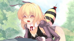 Rule 34 | 1girl, antennae, arthropod girl, artist request, bee girl, black leotard, blonde hair, blush, bow, breasts, carapace, cleavage, compound eyes, extra arms, fang, game cg, hair between eyes, honey (monster musume), insect girl, leotard, long hair, monster girl, monster musume no iru nichijou, monster musume no iru nichijou online, neck ruff, nose blush, official art, open mouth, outdoors, red bow, small breasts, solo, stinger, wrist cuffs