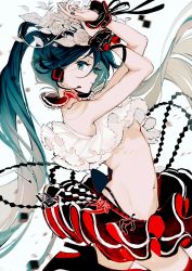 Rule 34 | 1girl, aqua eyes, aqua hair, aqua nails, bare shoulders, black skirt, bless you (module), blurry, blurry background, boots, breasts, commentary, cowboy shot, crop top, cube, flower, frilled shirt, frills, from side, hair flower, hair ornament, hands up, hatsune miku, headphones, headset, high heel boots, high heels, highres, hip bones, leg up, light smile, long hair, looking at viewer, midriff, miniskirt, nail polish, navel, nisoku hokou (vocaloid), parted lips, project diva (series), rose, rumoon, scrunchie, shirt, skirt, small breasts, solo, song name, twintails, underboob, very long hair, vocaloid, white background, white flower, white rose, white shirt, wrist scrunchie