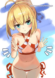 Rule 34 | 1girl, ^^^, ahoge, artoria pendragon (all), artoria pendragon (fate), bare arms, bare shoulders, bikini, blonde hair, blue background, blue eyes, blush, closed mouth, collarbone, cosplay, cowboy shot, criss-cross halter, fate (series), flat chest, frown, halterneck, hm (hmongt), jitome, looking at viewer, navel, nero claudius (fate), nero claudius (fate) (all), nero claudius (swimsuit caster) (fate), nero claudius (swimsuit caster) (fate) (cosplay), oversized clothes, red bikini, red ribbon, ribbon, saber (fate), short hair, side-tie bikini bottom, solo, standing, stomach, striped bikini, striped clothes, swimsuit, thigh gap, watermark, web address