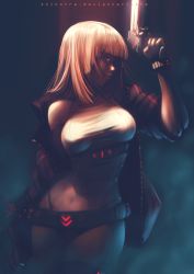 Rule 34 | 1girl, belt, blonde hair, blunt bangs, breasts, commentary, contrapposto, covered navel, desert eagle, gloves, gun, handgun, highres, jacket, large breasts, leotard, midriff, neon trim, off shoulder, open clothes, open jacket, original, pistol, profile, shaded face, shirt, sleeves pushed up, solkorra, solo, standing, taut clothes, taut shirt, thighhighs, weapon