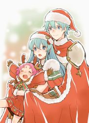 Rule 34 | 1boy, 2girls, antlers, aqua eyes, aqua hair, bell, bow, brother and sister, brown gloves, cape, closed mouth, dress, eirika (fire emblem), ephraim (fire emblem), facial mark, fae (fire emblem), fire emblem, fire emblem: the binding blade, fire emblem: the sacred stones, fire emblem heroes, forehead mark, fur trim, gloves, hat, horns, hug, hug from behind, long sleeves, multiple girls, nintendo, open mouth, outstretched arms, pom pom (clothes), purple hair, red gloves, red headwear, reindeer antlers, santa costume, shimizu akina, short hair, siblings, smile, spread arms