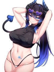 Rule 34 | 5danny1206, absurdres, armpits, arms up, barcode, barcode tattoo, black hair, black shirt, blue hair, blush, breasts, closed mouth, commentary, crop top, demon, demon girl, demon tail, facial tattoo, gradient hair, highleg, highres, large breasts, looking at viewer, multicolored hair, navel, original, panties, pointy ears, shirt, simple background, smile, standing, symbol-only commentary, tail, tattoo, two-tone hair, underwear, white background, white panties