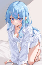 Rule 34 | 1girl, absurdres, artistic error, blue eyes, blue hair, blush, breasts, collarbone, dress shirt, highres, hololive, hoshimachi suisei, looking at viewer, naked shirt, no bra, oniku (o29sukizero), oversized clothes, oversized shirt, partially unbuttoned, shirt, small breasts, solo, star (symbol), star in eye, symbol in eye, virtual youtuber, white shirt