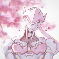 Rule 34 | 1boy, branch, cherry blossoms, cyborg, female pov, genji (overwatch), heart, highres, looking at viewer, ninja, outdoors, overwatch, petals, pov, qing ya sylvia, solo, upper body