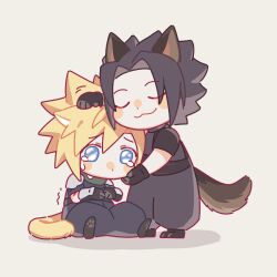 Rule 34 | 2boys, animal ears, animal feet, armor, black gloves, black hair, blonde hair, blue eyes, brown fur, cat boy, cat ears, chibi, closed eyes, cloud strife, comforting, crying, crying with eyes open, dog boy, dog ears, elbow gloves, final fantasy, final fantasy vii, gloves, green scarf, hand on another&#039;s cheek, hand on another&#039;s face, hand on another&#039;s head, hao xiang yishui bu xing, male focus, multiple boys, own hands together, pants, pauldrons, pawpads, petting, puffy pants, scarf, short hair, shoulder armor, simple background, sitting, sleeveless, sleeveless turtleneck, smile, spiked hair, standing, tail, tears, turtleneck, yellow fur, zack fair