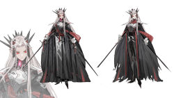 Rule 34 | 1girl, armor, black coat, black footwear, breastplate, chinese commentary, closed mouth, coat, commentary request, full body, gloves, grey gloves, grey hair, highres, holding, holding sword, holding weapon, jane xiao, long hair, multiple views, original, pointy ears, red eyes, simple background, sword, weapon, white background, zoom layer