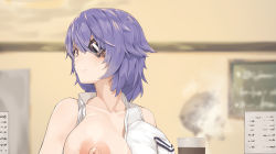 Rule 34 | 1girl, bare shoulders, blush, breasts, breasts out, brown eyes, cafe, closed mouth, coffee, commentary request, exhibitionism, eyepatch, hair between eyes, kantai collection, large breasts, nipples, open clothes, open shirt, paid reward available, public indecency, purple hair, shirt, short hair, sleeveless, sleeveless shirt, solo, ssrkma, sweatdrop, tenryuu (kancolle), upper body, white shirt