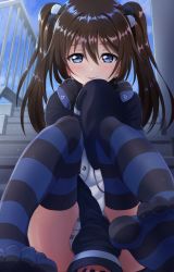 Rule 34 | 1girl, :p, blue eyes, blush, brown hair, hair between eyes, headphones, headphones around neck, jacket, long hair, looking at viewer, love live!, love live! nijigasaki high school idol club, open clothes, open jacket, osaka shizuku, satolive20, sitting, sleeves past fingers, sleeves past wrists, smile, solo, spread legs, thighhighs, tongue, tongue out, twintails
