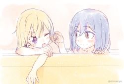 Rule 34 | 2girls, ;o, aged down, bath, bathing, blonde hair, blue hair, blush stickers, brown eyes, child, collarbone, eye contact, eyebrows, eyelashes, female focus, fingernails, flip flappers, hair between eyes, hand in another&#039;s hair, hand on own shoulder, indoors, kokomine cocona, light smile, looking at another, multiple girls, niina ryou, nude, one eye closed, open mouth, purple eyes, same-sex bathing, shared bathing, short hair, twitter username, watermark, yayaka