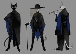Rule 34 | 3boys, back, black cape, black cat, black gloves, black headwear, blue cape, cane, cape, cat, closed mouth, furry, furry male, gloves, grey background, hand on own hip, hat, highres, holding, holding cane, holding smoking pipe, multicolored cape, multicolored clothes, multiple boys, nira (nira box), original, smoking pipe, shaded face, simple background, slit pupils, standing, tail, white cat, yellow eyes