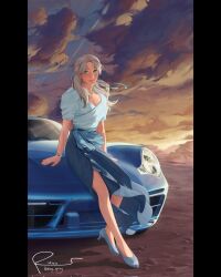 Rule 34 | 1girl, blonde hair, blue car, blue eyes, blue footwear, blue shirt, blue skirt, cars (movie), dated, full body, high heels, highres, kkelsey spring, long hair, looking at viewer, outdoors, personification, sally carrera, shirt, short sleeves, signature, skirt, smile, solo, twilight, watch, wristwatch