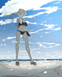 Rule 34 | 1girl, alternate hairstyle, beach, bikini, black bikini, blonde hair, breasts, cleavage, closed mouth, cloud, day, kantai collection, long hair, medium breasts, neve (morris-minicooper), ocean, outdoors, ponytail, richelieu (kancolle), sand, sandals, scenery, signature, sky, solo, standing, swimsuit, water, yellow eyes