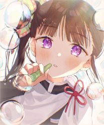 Rule 34 | 1girl, ban (one ban7241), black hair, black jacket, blush, blowing bubbles, butterfly hair ornament, cape, female focus, film grain, hair ornament, holding, jacket, kimetsu no yaiba, long sleeves, looking at viewer, parted lips, purple eyes, red ribbon, ribbon, side ponytail, solo, tsuyuri kanao, upper body, white cape