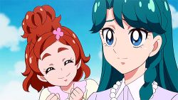 Rule 34 | 2girls, animated, animated gif, blue eyes, blue hair, go! princess precure, haruno haruka, kaidou minami, lowres, multiple girls, precure, red hair