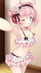 Rule 34 | 1girl, ahoge, armpits, azur lane, bandaid, bandaids on nipples, bare shoulders, bikini, black bow, black hairband, black ribbon, blush, bow, bow bikini, breasts, cleavage, closed mouth, collarbone, covered erect nipples, double bun, flower, frilled bikini, frills, hair bow, hair bun, hair flower, hair ornament, hair ribbon, hairband, halterneck, indoors, looking at viewer, navel, one eye closed, pasties, pink bikini, pink hair, purple eyes, ribbon, saratoga (azur lane), saratoga (seven seas of rest) (azur lane), selfie, small breasts, smile, solo, standing, stomach, swimsuit, white bow, white ribbon, wooden floor, yamasan