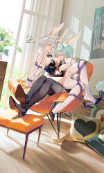 Rule 34 | 2girls, absurdres, animal ears, bare shoulders, between breasts, black footwear, black leotard, black pantyhose, blue eyes, blush, bow, breasts, chair, cleavage, cup, detached collar, fake animal ears, flower, grabbing, grabbing another&#039;s breast, grey hair, groping, hair bun, hair ornament, heart, high heels, highres, indoors, large breasts, legs, leotard, long hair, looking at viewer, multiple girls, open mouth, original, pantyhose, plant, playboy bunny, potted plant, rabbit ears, rabbit tail, red eyes, ribao, ribbon, shoe dangle, shoes, short hair, single hair bun, sitting, smile, spread legs, table, tail, very long hair, white hair, white pantyhose, window, wrist cuffs
