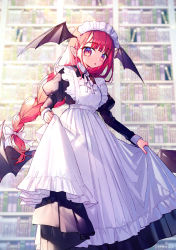 Rule 34 | 1girl, :o, alternate costume, apron, apron lift, artist name, black dress, blunt bangs, blurry, blurry background, bookshelf, braid, braided ponytail, clothes lift, cropped legs, day, demon wings, depth of field, dress, enmaided, head wings, highres, hinasumire, indoors, juliet sleeves, koakuma, lifting own clothes, light particles, light rays, long hair, long sleeves, looking at viewer, low-tied long hair, low wings, maid, maid apron, maid headdress, pointy ears, puffy sleeves, red eyes, red hair, solo, standing, sunbeam, sunlight, touhou, very long hair, victorian maid, wings