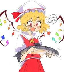 Rule 34 | 1girl, animal, back bow, blonde hair, blush stickers, bow, collared shirt, cowboy shot, english text, fang, fish, flandre scarlet, frilled shirt collar, frills, happy, hat, hat ribbon, heart, highres, holding, holding animal, holding fish, looking at animal, mob cap, multicolored wings, open mouth, parappaya, puffy short sleeves, puffy sleeves, red eyes, red ribbon, red skirt, red vest, ribbon, shirt, short sleeves, simple background, skirt, solo, touhou, vest, white background, white bow, white hat, white shirt, wings