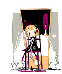 Rule 34 | 1girl, :d, animal, bare arms, between legs, black bow, black cat, black choker, black dress, black thighhighs, blonde hair, blunt bangs, blush stickers, bob cut, bow, cat, chair, checkered floor, choker, curtains, decapitation, dress, dress bow, foot dangle, frills, full body, guillotine, guillotine girl (yukihi), hair bow, hair ornament, hand between legs, head tilt, headless, holding, holding stuffed toy, knees together feet apart, limited palette, looking at viewer, no nose, no pupils, on chair, open mouth, original, own hands together, parted lips, puffy short sleeves, puffy sleeves, purple eyes, purple footwear, scissors, severed head, shoes, short hair, short sleeves, sitting, smile, solo, stuffed animal, stuffed rabbit, stuffed toy, tareme, thighhighs, v arms, white background, white bow, yukihi