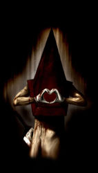 Rule 34 | 1boy, blood, gloves, hat, heart, heart hands, helmet, knife, male focus, pyramid head, silent hill (series), silent hill 2, solo, sword, weapon