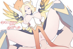 Rule 34 | 1boy, 1girl, anal, anus, blonde hair, cleft of venus, flat color, girl on top, hot vr, mercy (overwatch), overwatch, overwatch 2, penis, pixiv username, pussy, sex, simple background, solo focus, uncensored, white background