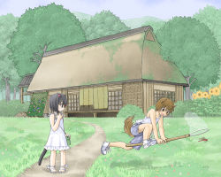 Rule 34 | 1boy, 1girl, aged down, animal ears, black eyes, black hair, brother and sister, brown eyes, brown hair, bug, butterfly net, cat ears, cat tail, child, day, dog ears, dragonfly, dress, flower, grass, hair bobbles, hair ornament, hand net, house, insect, kanzaki hayato, kanzaki miku, kuroinu, original, outdoors, sandals, shoes, shorts, siblings, side ponytail, sneakers, sundress, sunflower, tail, tree