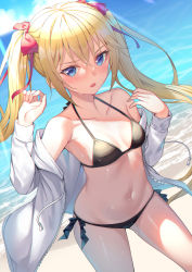 Rule 34 | 1girl, alexmaster, armpits, bare shoulders, bikini, black bikini, blonde hair, blue eyes, bow, breasts, caustics, collarbone, day, drawstring, hair bow, halterneck, hands up, highres, jacket, long hair, long sleeves, looking at viewer, navel, off shoulder, open clothes, open jacket, open mouth, original, outdoors, side-tie bikini bottom, sidelocks, small breasts, solo, stomach, string bikini, sunlight, swimsuit, thighs, twintails, very long hair, water, wet, white jacket