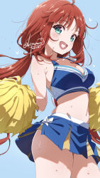 1girl alternate_costume aqua_eyes bare_shoulders blue_background blue_skirt blush breasts cheerleader commentary_request crop_top detached_collar genshin_impact heart heart_in_mouth highres holding holding_pom_poms kitahara_tomoe_(kitahara_koubou) long_hair looking_at_viewer medium_breasts miniskirt navel nilou_(genshin_impact) open_mouth pom_pom_(cheerleading) pom_poms red_hair signature skirt small_sweatdrop solo stomach twitter_username very_long_hair