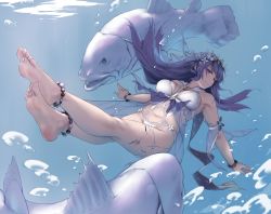 Rule 34 | bare shoulders, barefoot, bracelet, closed mouth, den (kur0 yuki), fate/grand order, fate (series), feet, fish, foreshortening, highres, in water, jewelry, long hair, navel, purple eyes, scathach (fate), scathach skadi (fate), scathach skadi (swimsuit ruler) (fate), smile, soles, swimming, swimsuit, toes, underwater
