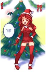 Rule 34 | 1girl, blush, boots, breasts, capelet, christmas, christmas ornaments, christmas tree, drantyno, dress, fur-trimmed boots, fur-trimmed capelet, fur-trimmed gloves, fur-trimmed headwear, fur trim, ginny weasley, gloves, hand on own hip, harry potter (series), hat, highres, holding, long hair, looking at viewer, mistletoe, open mouth, panties, panty peek, pom pom (clothes), red capelet, red dress, red eyes, red footwear, red gloves, red hair, red thighhighs, santa costume, santa hat, sleeveless, sleeveless dress, small breasts, smile, standing, teeth, thighhighs, underwear, wand, white panties, wizarding world, yellow background