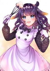 Rule 34 | 1girl, :d, apron, black bow, black bowtie, black dress, black hair, blue eyes, blunt bangs, blush, bow, bowtie, breasts, commentary request, cowboy shot, curly hair, dress, fang, frilled apron, frills, gloves, gradient hair, hair flaps, headpiece, highres, holding, holding whisk, hololive, hololive english, long hair, long sleeves, looking at viewer, mia mikhail, mole, mole under eye, multicolored hair, ninomae ina&#039;nis, ninomae ina&#039;nis (6th costume), official alternate costume, official alternate hairstyle, open mouth, orange hair, pointy ears, short dress, sidelocks, small breasts, smile, solo, tentacle hair, virtual youtuber, whisk, white apron, white gloves