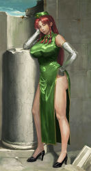 Rule 34 | 1girl, alternate costume, amibazh, arm support, bare legs, bare shoulders, beret, black footwear, braid, breasts, china dress, chinese clothes, closed mouth, collared dress, covered navel, dress, elbow gloves, closed eyes, full body, gloves, green dress, grey gloves, hand on own hip, hat, head rest, high heels, hong meiling, impossible clothes, impossible dress, large breasts, light smile, lips, long hair, pelvic curtain, red hair, shoes, sleeping, sleeveless, sleeveless dress, solo, touhou, twin braids, wing collar