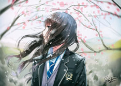 Rule 34 | black hair, blazer, blue neckwear, blurry, blurry background, brown eyes, cherry blossoms, day, jacket, kazuharu kina, long hair, looking to the side, open mouth, original, outdoors, school uniform, signature, solo, uniform, upper body, vest