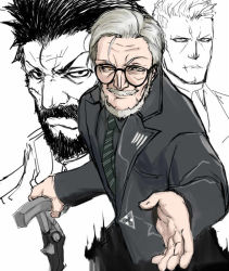 Rule 34 | 3boys, beard, berezovich kryuger (girls&#039; frontline), black-framed eyewear, black neckwear, black shirt, black suit, cane, collared shirt, commentary request, facial hair, formal, girls&#039; frontline, glasses, grey hair, havel witkin (girls frontline), holding, holding cane, keshin, looking at viewer, male focus, multiple boys, mustache, necktie, old, old man, partially colored, raised eyebrow, reaching, reaching towards viewer, scar, serious, shirt, simple background, smile, suit, white background, yegor (girls&#039; frontline)