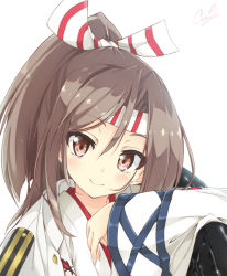 Rule 34 | 10s, 1girl, aito (indigorabbit), brown eyes, brown hair, headband, jacket, japanese clothes, kantai collection, long hair, ponytail, simple background, smile, solo, zuihou (kancolle)