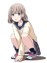 Rule 34 | 1girl, black socks, blue eyes, blue sailor collar, blue skirt, cardigan, checkered clothes, checkered skirt, collarbone, commentary request, dot nose, earrings, hands on floor, idolmaster, idolmaster shiny colors, jewelry, lielos, light blush, light brown hair, long sleeves, looking at viewer, multicolored footwear, open mouth, panties, pantyshot, sailor collar, serizawa asahi, shoes, short hair, skirt, sneakers, socks, solo, squatting, underwear, white background, white panties, yellow cardigan