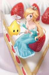Rule 34 | 1girl, absurdres, bare shoulders, blonde hair, blue dress, blue eyes, blush, breasts, cake, cleavage, crown, dress, earrings, eyes visible through hair, food, fork, hair over one eye, highres, jewelry, kurere1202, lips, long hair, looking at viewer, luma (mario), mario (series), medium breasts, nintendo, one eye covered, parted lips, plate, rosalina, signature, sitting, smile, star (symbol), star earrings, strawberry shortcake, super mario galaxy