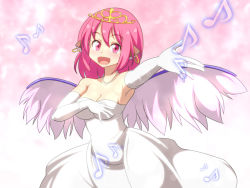 Rule 34 | 1girl, :d, animal ears, armpits, bare shoulders, breasts, cato (monocatienus), cleavage, commentary, dress, earrings, elbow gloves, feathered wings, gloves, happy, hoop earrings, jewelry, looking at viewer, medium breasts, musical note, mystia lorelei, necklace, open mouth, outstretched arm, pearl necklace, pink eyes, pink hair, short hair, smile, solo, strapless, strapless dress, tiara, touhou, wedding dress, white dress, white gloves, wings