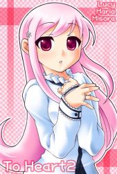 Rule 34 | 00s, 1girl, :o, blush, checkered background, eyebrows, long hair, long sleeves, looking at viewer, lucy maria misora, manji taba, open mouth, own hands together, pink eyes, pink hair, shirt, solo, to heart (series), to heart 2, upper body, very long hair, white shirt