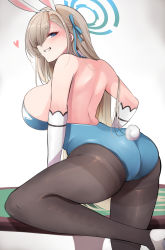 Rule 34 | 10eki (tenchou), 1girl, absurdres, animal ears, ass, asuna (blue archive), asuna (bunny) (blue archive), back, bare shoulders, blue archive, blue eyes, blue leotard, blush, breasts, brown pantyhose, detached collar, elbow gloves, fake animal ears, gloves, grin, hair over one eye, highleg, highleg leotard, highres, large breasts, leotard, light brown hair, long hair, looking at viewer, looking back, pantyhose, playboy bunny, rabbit ears, rabbit tail, smile, tail, thighs, white gloves