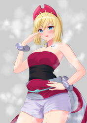 Rule 34 | 1girl, absurdres, bangle, bare shoulders, blonde hair, blue eyes, blush, bracelet, breasts, collarbone, creatures (company), dress, eyebrow cut, eyelashes, fanning self, game freak, grey background, hair between eyes, hairband, hand on own hip, hand on own face, highres, hot, irida (pokemon), jewelry, kanna hm33, looking at viewer, medium breasts, neck ring, nintendo, open mouth, pokemon, pokemon legends: arceus, red dress, red hairband, red shirt, sash, shirt, short hair, shorts, simple background, sleeveless, steam, strapless, strapless shirt, sweat, thighs, waist cape, white shorts